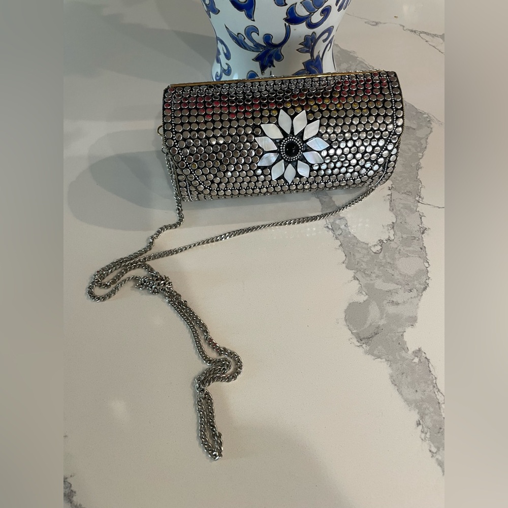 Unique Antik Kraft Mother of Pearl Cylinder Tube Floral Clutch Purse - Picture 2 of 10